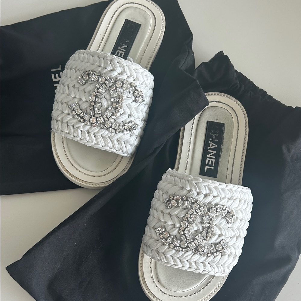 Chanel White RAFIA crystal slides